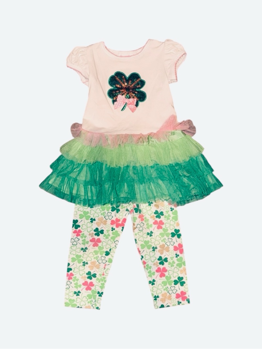 Bonnie Jean Shamrock Sequin 4-Piece Set - Top, Tutu, Leggings - 2T